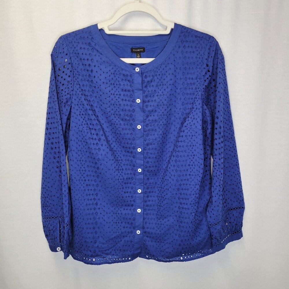 Talbots Women's Small Button Front Shirt Blue Cut Outs Lined